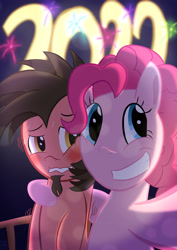 Size: 2480x3508 | Tagged: safe, alternate version, artist:mrkat7214, imported from derpibooru, pinkie pie, oc, oc:ace play, earth pony, pony, 2022, blushing, canon x oc, facial hair, female, fireworks, goatee, grin, happy new year, happy new year 2022, holiday, looking at you, male, nervous, nervous grin, pinkieplay, selfie, shipping, smiling, straight, sweat, wavy mouth