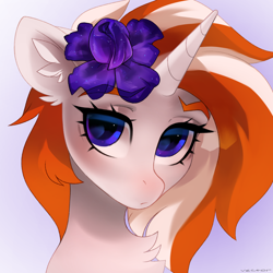 Size: 1700x1700 | Tagged: safe, artist:zlatavector, imported from derpibooru, oc, oc only, oc:starry bluemoon, pony, unicorn, bust, commission, female, flower, flower in hair, high res, mare, portrait, purple background, redhead, simple background, solo