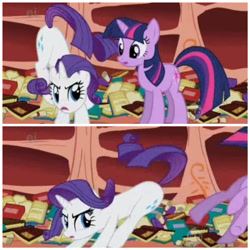 Size: 1920x1920 | Tagged: safe, edit, edited screencap, imported from derpibooru, screencap, rarity, twilight sparkle, pony, unicorn, season 1, sonic rainboom (episode), abuse, book, butt bump, comic, ei, female, golden oaks library, mare, moments before disaster, now go on, screencap comic, unicorn twilight