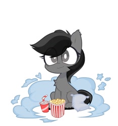 Size: 1141x1220 | Tagged: safe, artist:softpound, imported from derpibooru, oc, oc only, oc:grey matter, earth pony, pony, chest fluff, cloud, food, pillow, popcorn, smiling, soda drink, solo, white pupils