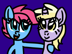 Size: 1024x768 | Tagged: safe, artist:danielthebrony57, imported from derpibooru, baby cuddles, dinky hooves, earth pony, pony, unicorn, cuddlebetes, cuddledink, cute, dinkabetes, duo, duo female, eye clipping through hair, female, filly, foal, friends, g1, g1 to g4, g4, generation leap, hug, lesbian, magical friends, open mouth, open smile, purple background, shipping, side hug, simple background, smiling, talking
