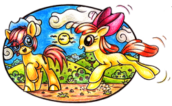 Size: 1024x630 | Tagged: safe, artist:purplescorpion187, imported from derpibooru, apple bloom, prancy drew, earth pony, pony, female, filly, foal, simple background, transparent background