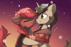 Size: 3000x2000 | Tagged: safe, artist:freeedon, imported from derpibooru, oc, oc only, pegasus, pony, unicorn, clothes, eyes closed, female, hug, male, mare, scarf, shared clothing, shared scarf, smiling, snow, snowfall, stallion