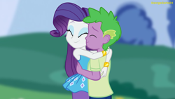 Size: 2160x1215 | Tagged: safe, artist:georgegarza01, imported from derpibooru, rarity, spike, equestria girls, bracelet, clothes, eyes closed, female, hug, human spike, jewelry, male, rarity peplum dress, shipping, shirt, skirt, sparity, straight