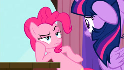 Size: 1920x1080 | Tagged: safe, imported from derpibooru, screencap, pinkie pie, twilight sparkle, alicorn, earth pony, pony, a trivial pursuit, season 9, spoiler:s09, concerned, duo, duo female, female, floppy ears, hoof on hip, looking at each other, looking at someone, mane, mare, pinkie pie is not amused, twilight sparkle (alicorn), unamused