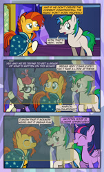 Size: 1920x3169 | Tagged: safe, artist:alexdti, imported from derpibooru, moondancer, sunburst, twilight sparkle, oc, oc:star logic, alicorn, pony, unicorn, comic:quest for friendship, ^^, blaze (coat marking), blushing, cloak, clothes, coat markings, comic, dialogue, ears back, eyes closed, facial markings, female, folded wings, glasses, green eyes, hooves, hooves behind head, horn, looking at someone, looking away, male, mare, messy mane, multicolored mane, open mouth, open smile, raised hoof, smiling, speech bubble, stallion, standing, sunburst's cloak, sunburst's glasses, tail, twilight sparkle (alicorn), twilight's castle, two toned mane, two toned tail, underhoof, unicorn oc, wings