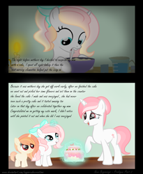 Size: 2304x2816 | Tagged: safe, artist:sugarcubecreationz, imported from derpibooru, oc, oc:clementine, oc:sweetheart, oc:velvet rose, unicorn, comic:slice of life, blank flank, bow, bowl, cake, candle, cooking, crying, female, filly, fireplace, foal, food, hair bow, horn, looking at each other, looking up, magic, magic aura, mare, open mouth, open smile, raised hoof, smiling, strawberry, tears of joy, teeth, text, two panels, water