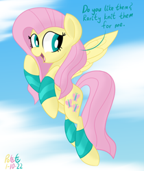 Size: 1332x1589 | Tagged: safe, artist:notadeliciouspotato, imported from derpibooru, fluttershy, pegasus, pony, arm warmers, clothes, cloud, dialogue, female, flying, implied rarity, leg warmers, mare, open mouth, signature, smiling, solo, spread wings, talking to viewer, wings