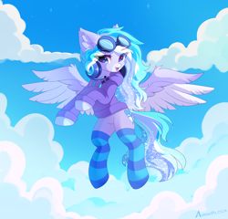 Size: 4848x4651 | Tagged: safe, artist:airiniblock, imported from derpibooru, oc, oc only, oc:skydrive, pegasus, pony, clothes, cloud, flying, goggles, headphones, open mouth, pegasus oc, rcf community, sky, socks, solo, striped socks