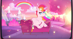 Size: 1929x1026 | Tagged: safe, imported from derpibooru, butterfly, pony, unicorn, cloud, commercial, couch, dfs, mountain, pink, pony reference, pop culture, rainbow, tree