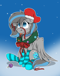 Size: 1744x2208 | Tagged: safe, artist:rokosmith26, imported from derpibooru, oc, oc only, oc:mareana sweetie, bat pony, hybrid, pegasus, pony, bow, cheek fluff, chest fluff, christmas, christmas stocking, christmas wreath, clothes, commission, eye clipping through hair, eyebrows, eyebrows visible through hair, fangs, female, floppy ears, gradient background, holiday, hybrid oc, jewelry, looking up, mare, necklace, one ear down, pegasus wings, raised hoof, ribbon, sitting, smiling, socks, solo, striped socks, sweat, sweatdrop, tail, tongue out, wings, wreath, ych result, yin-yang