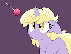 Size: 1232x947 | Tagged: safe, artist:shinodage, imported from ponybooru, dinky hooves, pony, unicorn, candy, cute, eye clipping through hair, eyebrows, eyebrows visible through hair, female, filly, floppy ears, foal, food, horn, lollipop, looking at something, looking up, open mouth, simple background, solo