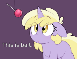 Size: 1232x947 | Tagged: safe, artist:shinodage, edit, editor:azure fang, imported from ponybooru, dinky hooves, pony, unicorn, bait, candy, eyes on the prize, eyes visible through hair, female, filly, foal, food, lollipop, looking at something, meme, reaction image, simple background, solo, this is bait