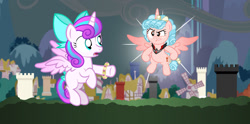 Size: 1280x635 | Tagged: safe, artist:aleximusprime, imported from derpibooru, cozy glow, princess flurry heart, alicorn, flurry heart's story, alicorn amulet, alicornified, bow, cloud, cozycorn, dark clouds, older, older flurry heart, ponyville, race swap, rook, safeguard bracelet, teleportation