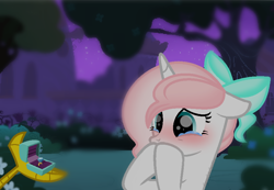 Size: 872x604 | Tagged: safe, artist:sugarcubecreationz, imported from derpibooru, discord, oc, oc:sweetheart, pony, unicorn, base used, bow, canon x oc, female, hair bow, jewelry, male, mare, marriage proposal, ring, straight, wedding ring