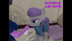 Size: 1920x1080 | Tagged: safe, artist:bluest, imported from derpibooru, maud pie, twilight sparkle, earth pony, pony, equestria girls, 3d, animated, blinking, boop, female, forehead kiss, kissing, looking at each other, looking at someone, mare, no sound, smiling, standing, teapot, webm, when she smiles