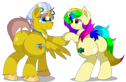 Size: 10800x7100 | Tagged: safe, artist:rainbowtashie, imported from derpibooru, oc, oc:heartstrong flare, oc:rainbow tashie, alicorn, earth pony, pony, butt, clothes, commissioner:bigonionbean, cutie mark, dummy thicc, extra thicc, female, flank, fusion, fusion:caboose, fusion:promontory, fusion:silver zoom, fusion:sunburst, glasses, goggles, hat, male, mare, nintendo, nintendo 64, plot, simple background, stallion, the ass was fat, transparent background, uniform, wonderbolt trainee uniform, writer:bigonionbean