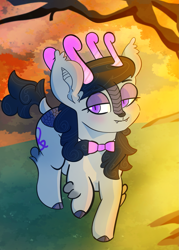 Size: 1551x2172 | Tagged: safe, artist:nannynonads, imported from derpibooru, octavia melody, bat pony, deer, deer pony, hybrid, kirin, original species, blushing, crepuscular rays, fangs, female, forest, forest background, horns, mare, scenery, solo