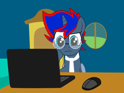 Size: 1024x768 | Tagged: safe, artist:1mber_angul, imported from derpibooru, oc, oc only, oc:craft motion, alicorn, computer, computer mouse, glasses, laptop computer, programming, sitting, solo, thinking
