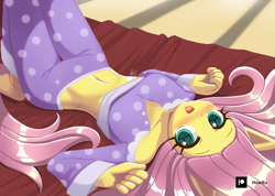 Size: 1407x1000 | Tagged: safe, artist:howxu, imported from derpibooru, fluttershy, anthro, pegasus, unguligrade anthro, bed, belly button, breasts, clothes, cute, female, lying down, midriff, on back, open mouth, pajamas, shyabetes, solo