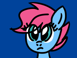 Size: 1024x768 | Tagged: safe, artist:danielthebrony57, imported from derpibooru, baby cuddles, earth pony, pony, baby, baby pony, blue background, bust, cuddlebetes, cute, eye clipping through hair, female, filly, foal, frown, g1, g1 to g4, g4, generation leap, head, portrait, simple background, solo, thinking