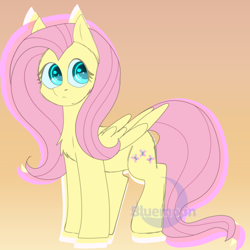Size: 1440x1439 | Tagged: safe, artist:bluemoon, imported from derpibooru, fluttershy, pegasus, pony, aside glance, chest fluff, chromatic aberration, cute, female, folded wings, looking at you, mare, simple background, solo, standing, three quarter view, wings