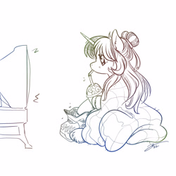 Size: 3000x3000 | Tagged: safe, artist:opalacorn, imported from derpibooru, oc, oc only, pony, unicorn, blanket, drinking straw, snacks, solo, television