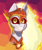 Size: 1211x1439 | Tagged: safe, artist:bluemoon, imported from derpibooru, daybreaker, alicorn, pony, fangs, gradient background, grin, horn, jewelry, looking at you, mane of fire, signature, smiling, solo, sun, teeth