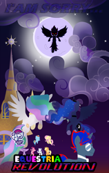 Size: 4550x7200 | Tagged: safe, artist:1mber_angul, imported from derpibooru, princess celestia, princess luna, oc, alicorn, pony, series:equestria revolution, antagonist, canterlot, cloud, conflict, confusion, controller, despair, destruction, fan made, fanfic art, last, moon, mystery, night, panic, poster, sad, sky, stars, story, teaser