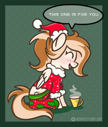 Size: 824x970 | Tagged: safe, artist:redpalette, imported from derpibooru, oc, oc only, oc:eggnog escape, pegasus, pony, abstract background, christmas, clothes, cute, eggnog, holiday, pegasus oc, sitting, smiling, socks, solo, stockings, sweater, text, thigh highs