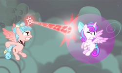 Size: 4000x2389 | Tagged: safe, artist:aleximusprime, imported from derpibooru, cozy glow, princess flurry heart, alicorn, pony, flurry heart's story, alicorn amulet, alicornified, beam, blast, cloud, cozycorn, dark clouds, dream of alicornication, duo, duo female, female, fight, filly, filly flurry heart, foal, force field, laser, magic, magic blast, older, older flurry heart, race swap, safeguard bracelet