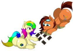 Size: 8600x6100 | Tagged: safe, artist:rainbowtashie, imported from derpibooru, oc, oc:nova reactor, oc:rainbow tashie, earth pony, pony, unicorn, butt, card game, commissioner:bigonionbean, cutie mark, dummy thicc, extra thicc, female, flank, fusion, fusion:promontory, fusion:sunburst, goggles, lying down, male, mare, nintendo, nintendo 64, plot, simple background, sitting, stallion, the ass was fat, transparent background, writer:bigonionbean, yu-gi-oh!