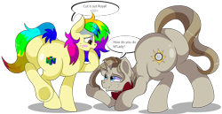 Size: 8700x4500 | Tagged: safe, artist:rainbowtashie, imported from derpibooru, oc, oc:rainbow tashie, oc:royal minutes, earth pony, pony, unicorn, bowing, bowtie, clothes, commissioner:bigonionbean, cutie mark, dialogue, embarrassed, female, fusion, fusion:prince blueblood, fusion:time turner, male, mare, nintendo, nintendo 64, simple background, stallion, transparent background, writer:bigonionbean