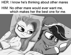 Size: 2000x1546 | Tagged: safe, artist:chopsticks, imported from derpibooru, pinkie pie, oc, oc:chopsticks, earth pony, pegasus, pony, comic:wtb is this?, bed, canon x oc, chest fluff, ear fluff, female, hat, he's probably thinking about other girls, husband and wife, lying down, male, meme, monochrome, nightcap, pillow, pinkamena diane pie, ponified meme, straight, text, unshorn fetlocks