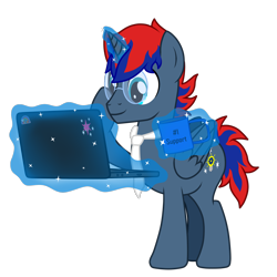 Size: 1600x1600 | Tagged: safe, artist:1mber_angul, imported from derpibooru, oc, oc only, oc:craft motion, alicorn, pony, bowl, check, computer, laptop computer, magic, necktie, png, pose, programming, render, simple background, solo, support, transparent background