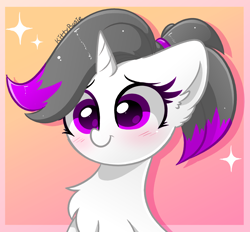 Size: 2800x2600 | Tagged: safe, artist:kittyrosie, imported from derpibooru, oc, oc only, oc:hazel radiate, pony, unicorn, blushing, bust, chest fluff, commission, commissioner:biohazard, ear fluff, eyebrows, eyelashes, female, floppy ears, gradient background, hair tie, high res, highlights, horn, icon, mare, ponytail, purple eyes, signature, simple background, smiling, solo, sparkles, stars, unicorn oc