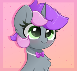 Size: 2800x2600 | Tagged: safe, artist:kittyrosie, imported from derpibooru, oc, oc only, oc:midnight butter, pony, unicorn, blushing, bowtie, bust, chest fluff, commission, ear fluff, gradient background, horn, signature, simple background, smiling, solo, unicorn oc