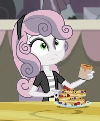 Size: 556x673 | Tagged: safe, anonymous artist, edit, edited screencap, imported from derpibooru, screencap, sweetie belle, equestria girls, blueberry, eyeliner, food, goth, makeup, pancakes, solo, strawberry