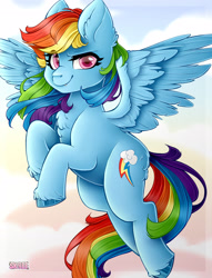 Size: 1920x2510 | Tagged: safe, artist:sk-ree, imported from derpibooru, rainbow dash, pegasus, pony, cloud, ear fluff, fangs, female, flying, looking at you, mare, sky, smiling, solo, unshorn fetlocks