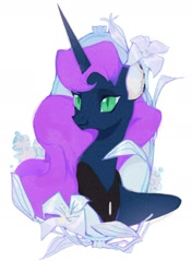 Size: 1080x1535 | Tagged: safe, artist:tingsan, imported from derpibooru, nightmare moon, alicorn, pony, female, flower, lily (flower), mare, simple background, slit pupils, solo, white background