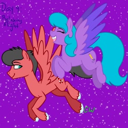 Size: 1000x1000 | Tagged: safe, artist:chelseawest, imported from derpibooru, oc, oc:peppermint swirl, oc:scribbles, pegasus, duo, flying, night, night sky, petalverse, ponytober, singing, sky