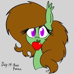 Size: 1000x1000 | Tagged: safe, artist:chelseawest, imported from derpibooru, oc, oc:painted petal, bat pony, apple, bat ponified, food, petalverse, ponytober, race swap