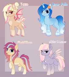 Size: 1720x1900 | Tagged: safe, artist:luminousdazzle, imported from derpibooru, oc, oc only, bat pony, earth pony, pegasus, pony, unicorn, adoptable, coat markings, female, flower, flower in hair, jewelry, looking at you, mare, markings, necklace, simple background, smiling, smiling at you, socks (coat markings)