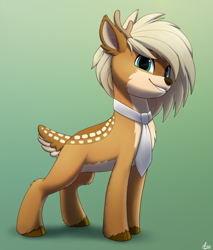 Size: 1700x2000 | Tagged: safe, artist:luminousdazzle, imported from derpibooru, oc, oc:deeraw, deer, antlers, chest fluff, cloven hooves, looking at you, markings, necktie, simple background, smiling, smiling at you