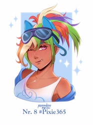 Size: 3059x4096 | Tagged: safe, artist:pixieinktvis, imported from derpibooru, kotobukiya, rainbow dash, human, dark skin, female, high res, humanized, kotobukiya rainbow dash, one eye closed, solo, wink