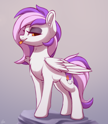 Size: 2000x2300 | Tagged: safe, artist:luminousdazzle, imported from derpibooru, oc, oc only, oc:mewio, pegasus, pony, :p, eyeshadow, female, gradient background, high res, lidded eyes, looking at you, makeup, mare, pegasus oc, smiling, smiling at you, smirk, solo, tongue out