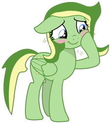 Size: 1044x1160 | Tagged: safe, artist:didgereethebrony, artist:klewgcg, imported from derpibooru, oc, oc only, oc:boomerang beauty, pegasus, pony, :t, base used, blush sticker, blushing, cute, female, floppy ears, folded wings, full body, hoof on cheek, hooves, mare, ocbetes, pegasus oc, simple background, smiling, solo, standing, tail, trace, transparent background, two toned mane, two toned tail, wings