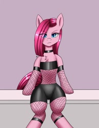 Size: 1400x1800 | Tagged: safe, artist:zachc, imported from derpibooru, pinkie pie, earth pony, pony, belly, choker, clothes, concave belly, female, fishnet clothing, looking at you, pinkamena diane pie, slim, solo, thin