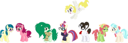 Size: 1280x436 | Tagged: safe, artist:victorfazbear, imported from derpibooru, coco pommel, gloriosa daisy, juniper montage, moondancer, raven, surprise, tree hugger, wallflower blush, earth pony, pegasus, pony, unicorn, equestria girls, equestria girls series, forgotten friendship, legend of everfree, mirror magic, spoiler:eqg specials, group, ponified, simple background, transparent background, vector