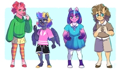 Size: 3000x1700 | Tagged: safe, artist:theartfox2468, imported from derpibooru, oc, oc only, oc:estella sparkle, oc:lightning bolt spectrum, oc:rocky road, oc:valentine, alicorn, anthro, earth pony, pegasus, unguligrade anthro, braces, candy, clothes, colored hooves, crystal horn, dress, female, food, freckles, glasses, horn, lollipop, male, offspring, parent:big macintosh, parent:cheese sandwich, parent:flash sentry, parent:fluttershy, parent:pinkie pie, parent:rainbow dash, parent:soarin', parent:twilight sparkle, parents:cheesepie, parents:flashlight, parents:fluttermac, parents:soarindash, shorts, sweater, unshorn fetlocks